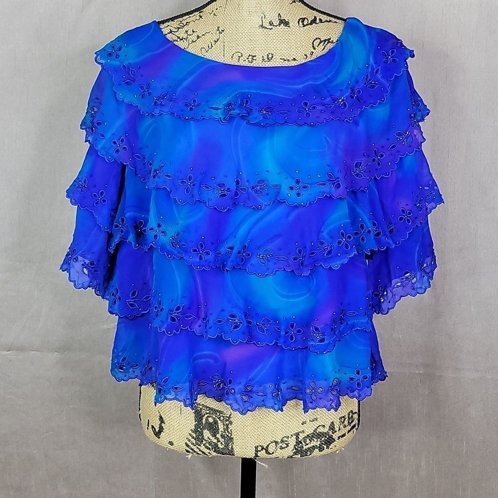 SIMPLY‎ SILK Ruffled, Layered, Beaded Silk Blouse M